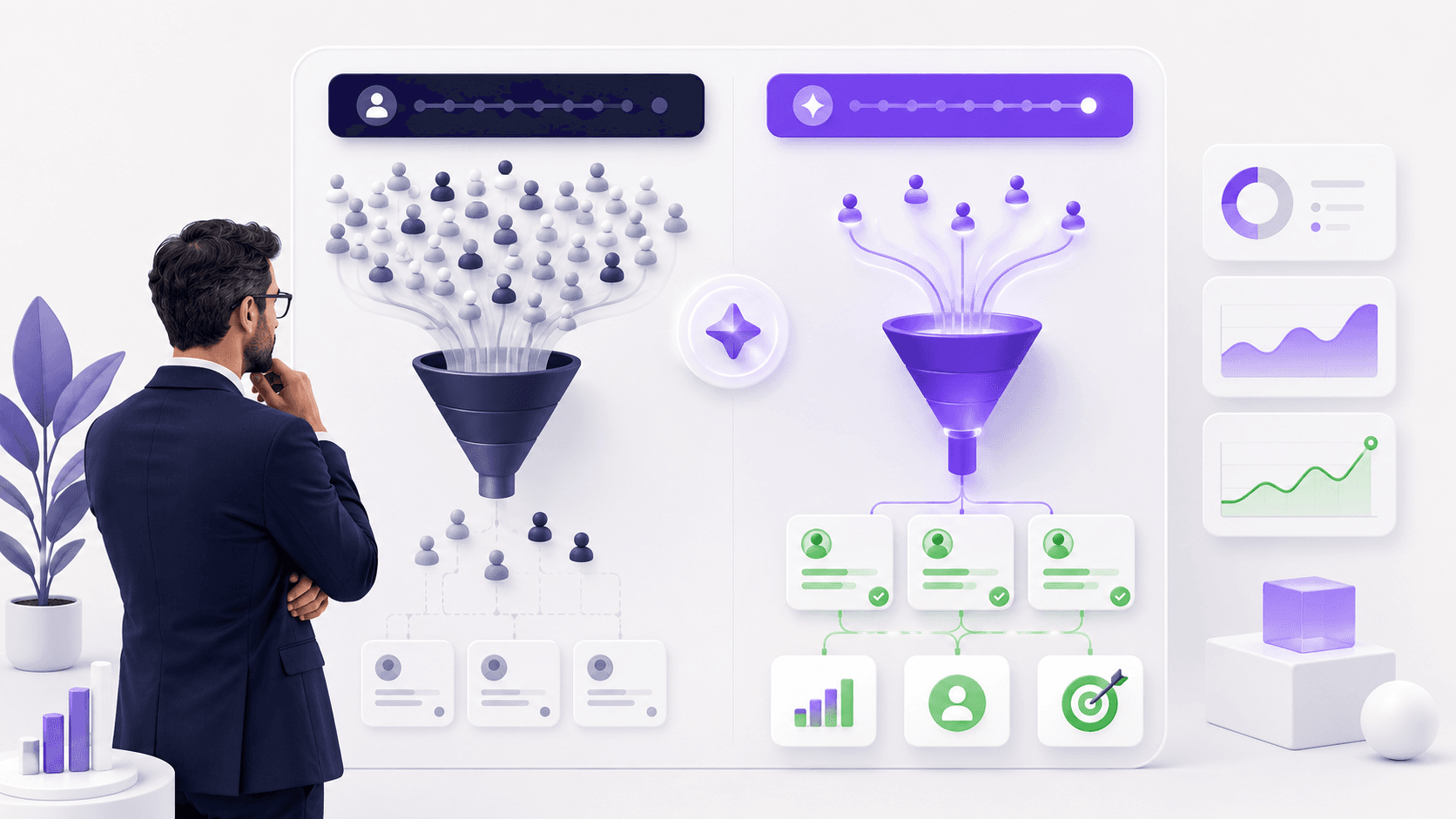 Illustration montrant une PME qui compare le trafic IA au trafic classique pour améliorer ses conversions