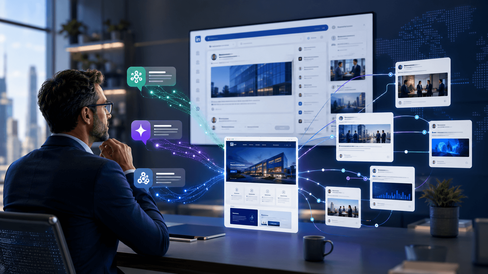 Illustration d’une stratégie LinkedIn et GEO reliant contenus sociaux, site web et moteurs IA pour une PME.
