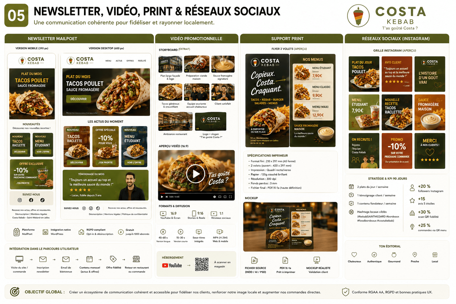 Kit multi-supports Costa Kebab : newsletter MailPoet, vidéo YouTube, flyer imprimeur et templates Instagram, restaurant kebab à Saint-Médard-en-Jalles Bordeaux.