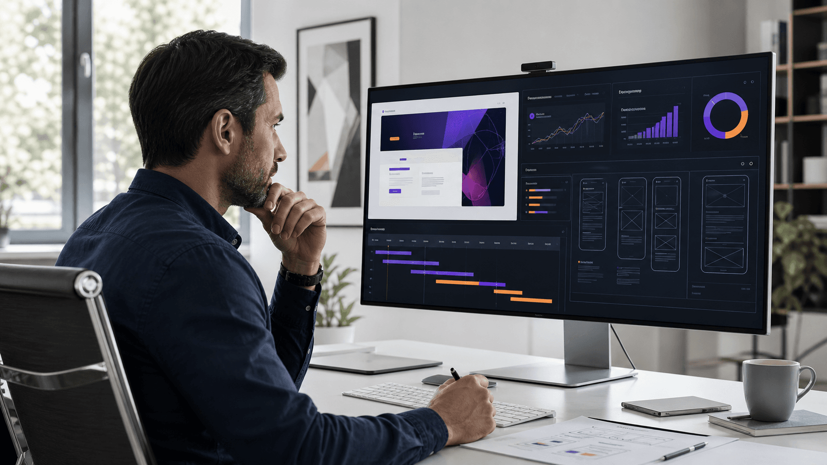 Dirigeant PME analysant une refonte de site internet avec KPIs, wireframes et stratégie SEO