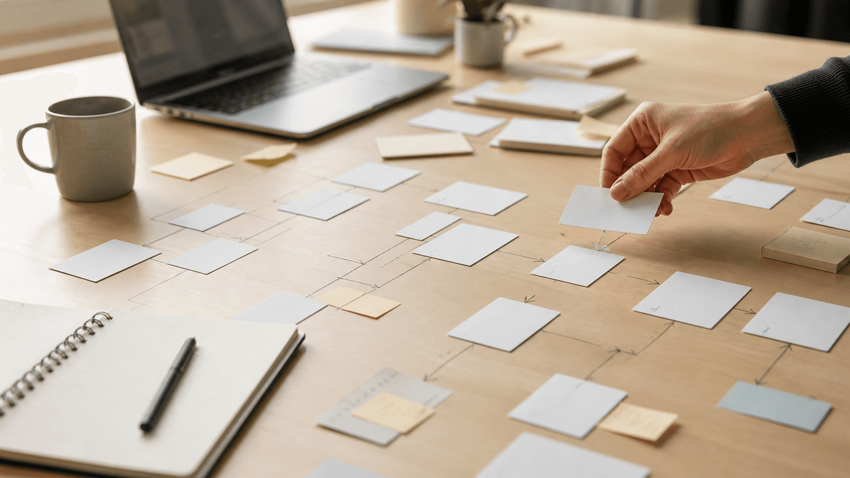 Atelier UX avec cartes organisées pour concevoir l’arborescence d’un site web clair et intuitif