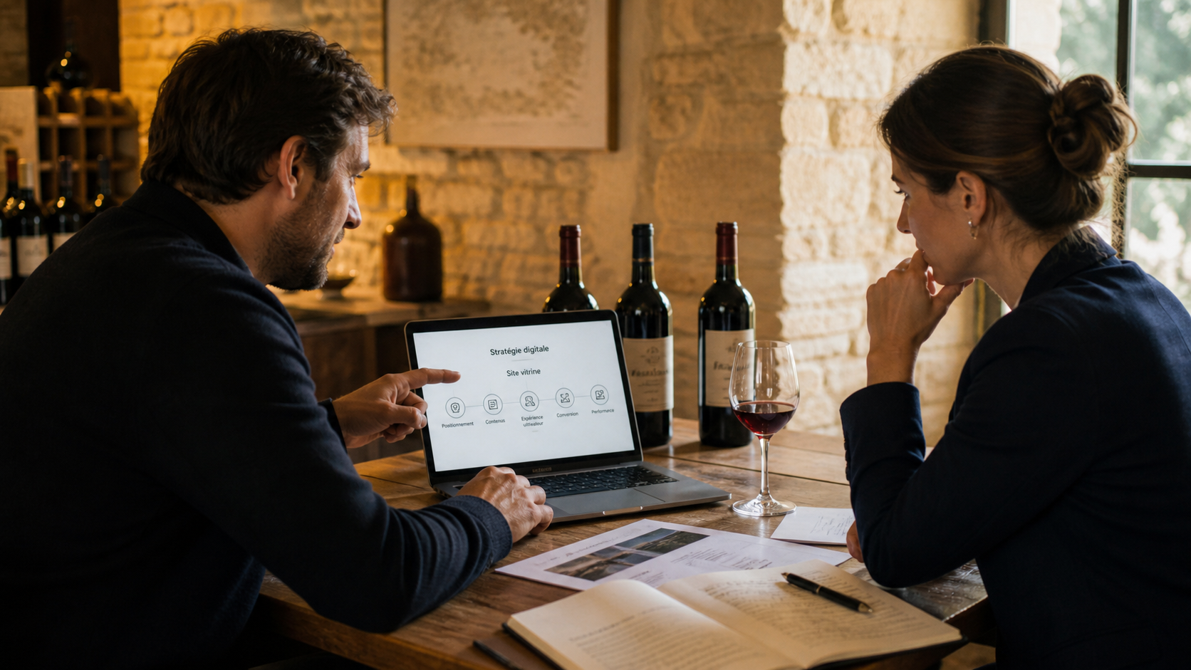 Rendez-vous de diagnostic stratégique pour définir le site web d’un vigneron bordelais.