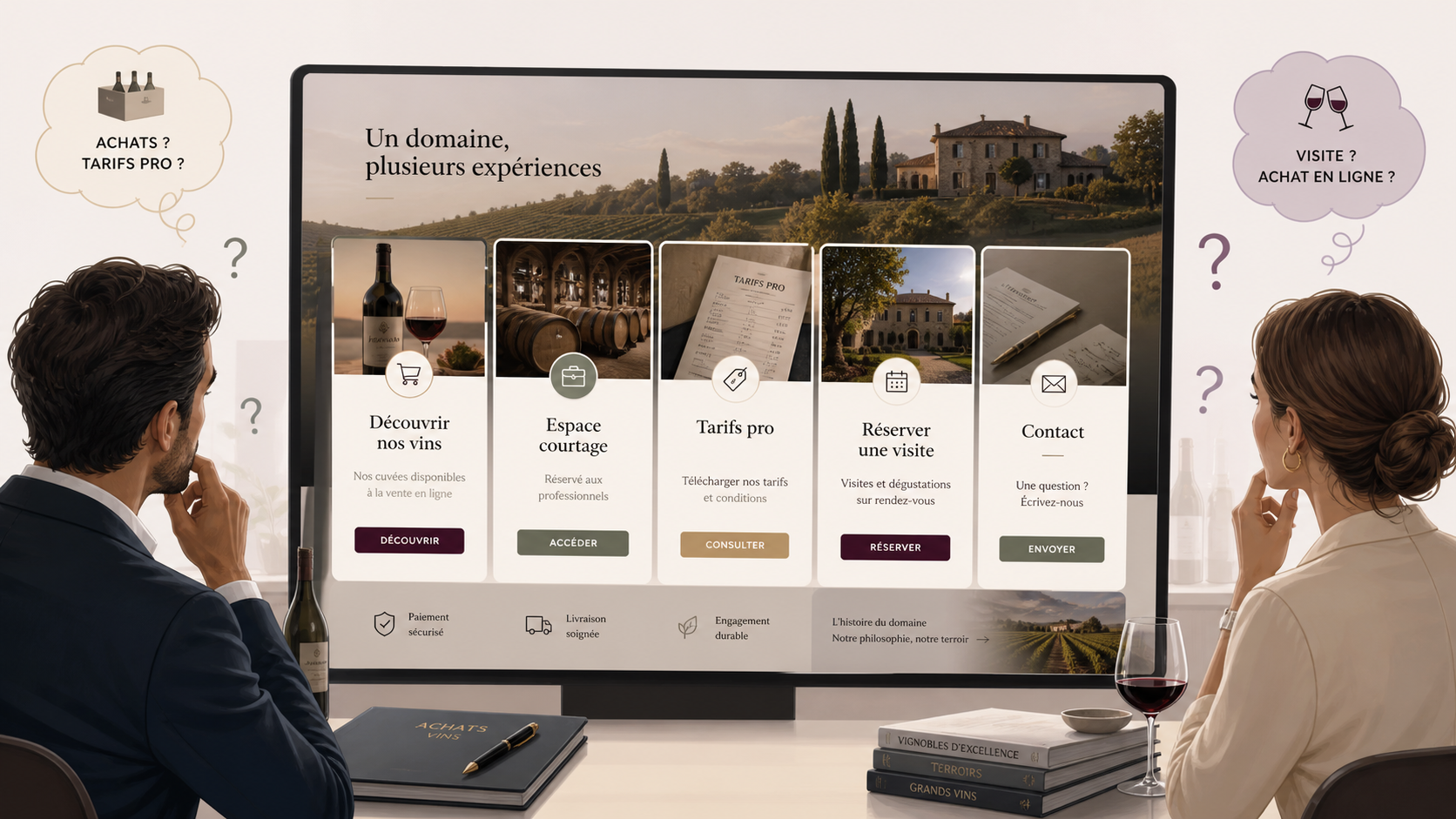 Exemple de site viticole confus mélangeant achat en ligne, espace pro et réservation.
