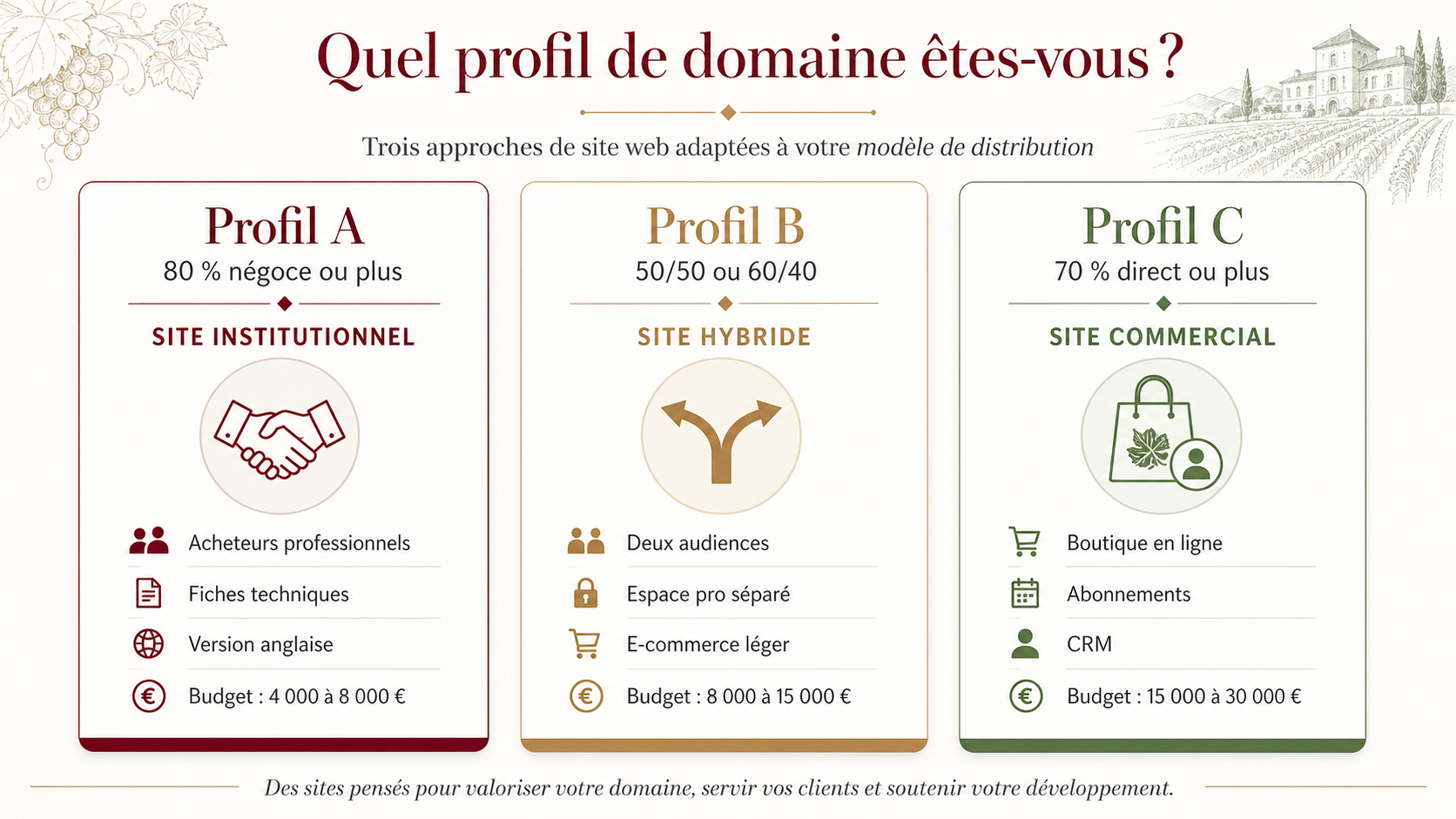 Comparaison des trois profils de sites web pour domaines viticoles : institutionnel, hybride et e-commerce.
