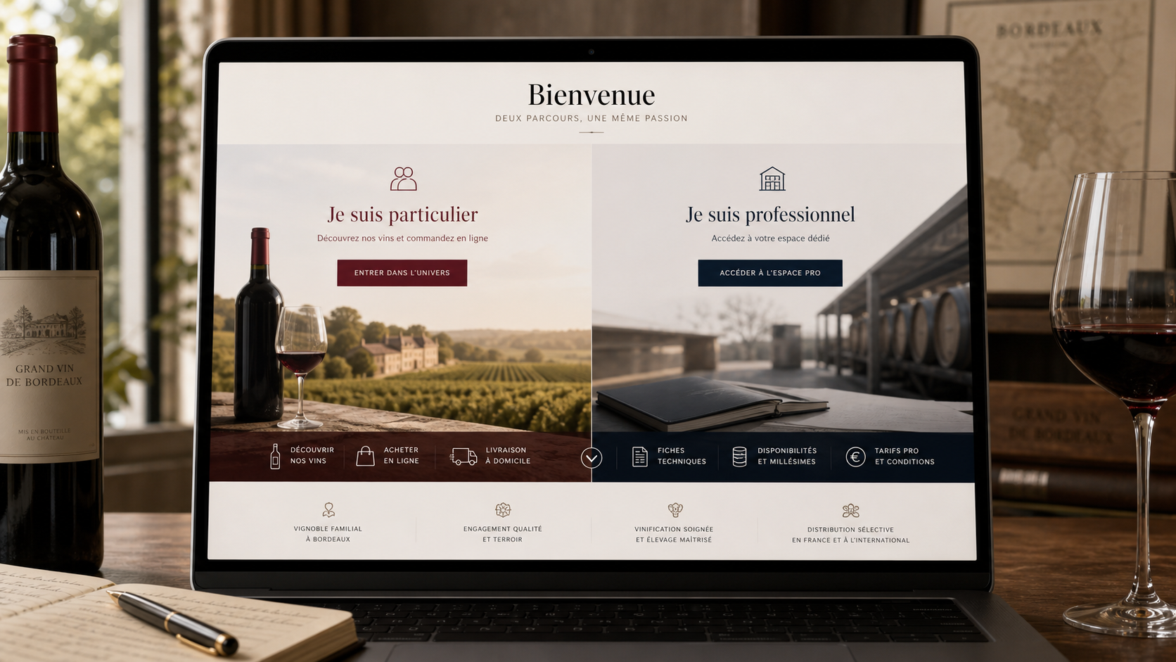Interface de site viticole hybride avec parcours séparés pour particuliers et professionnels.