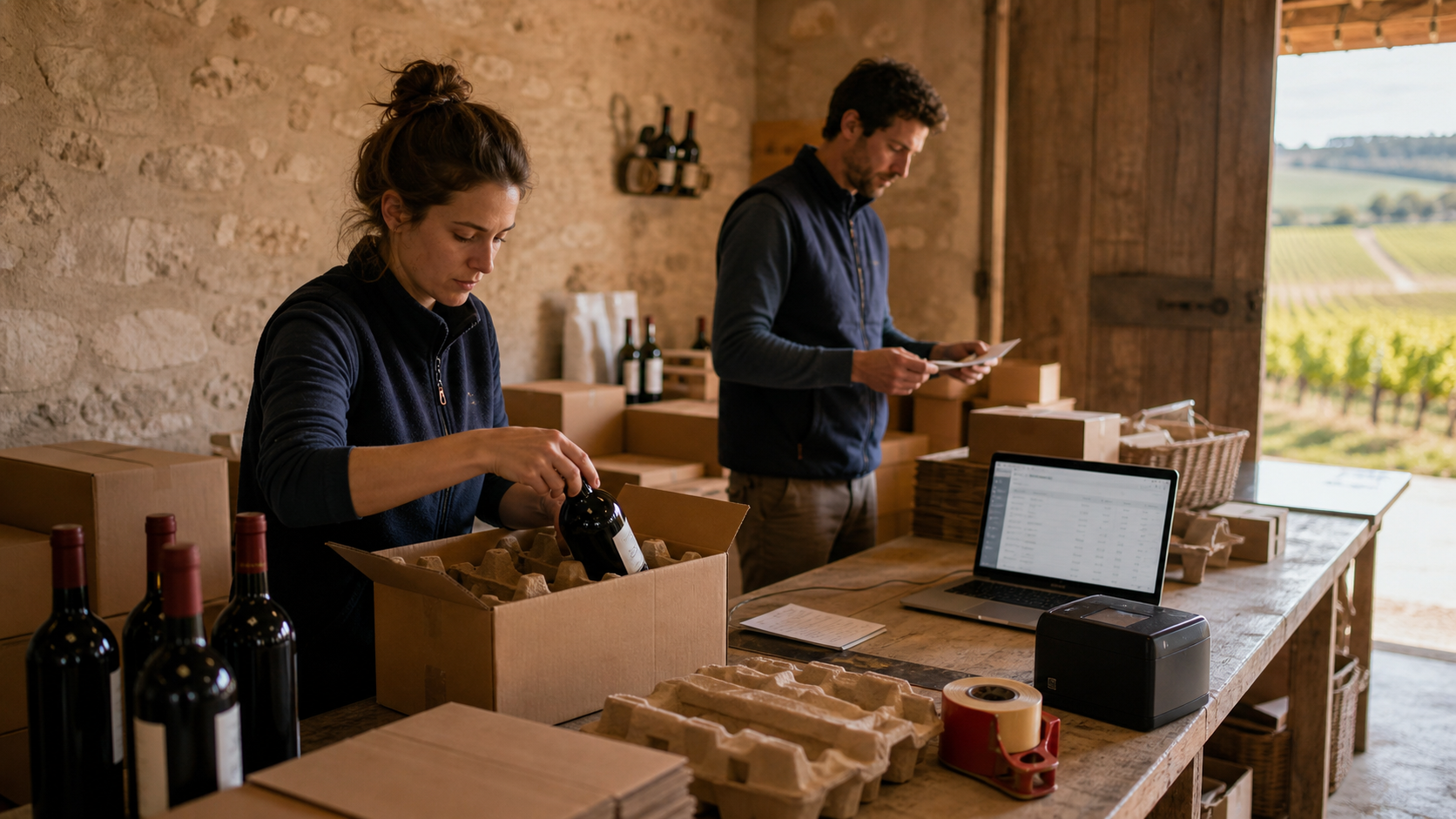 Préparation de commandes de vin en vente directe dans un domaine viticole.