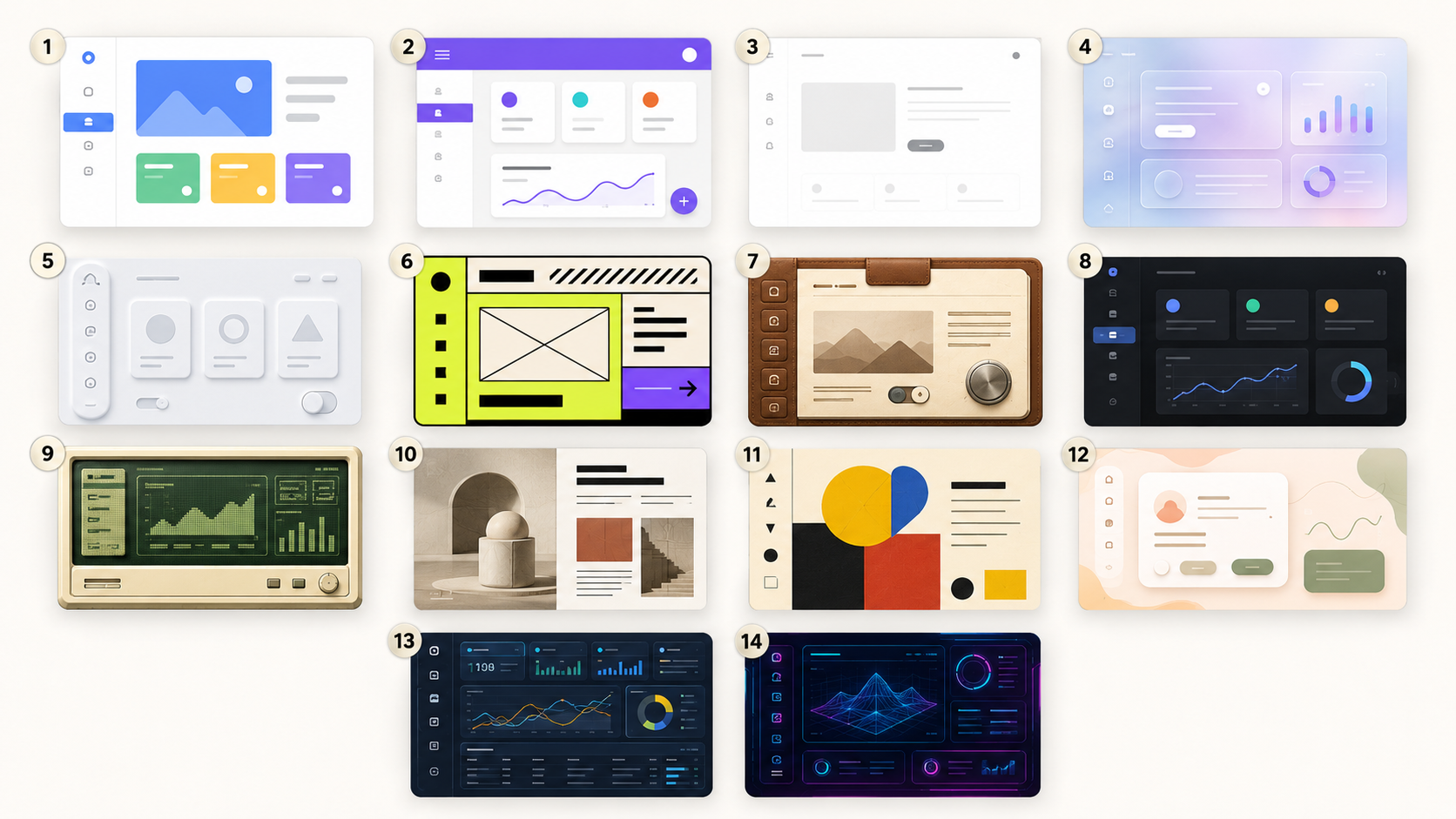Galerie illustrée de 14 styles UI utilisés dans le webdesign moderne