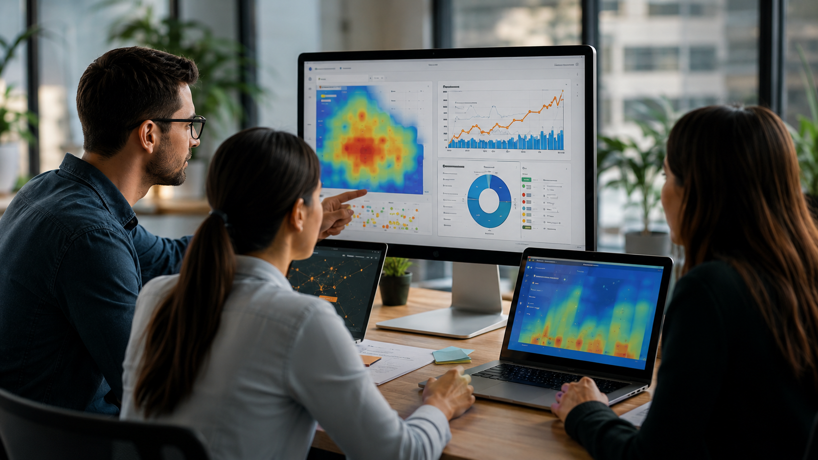 Équipe UX analysant des heatmaps et des données analytics sur plusieurs écrans lors d'un audit de site web.