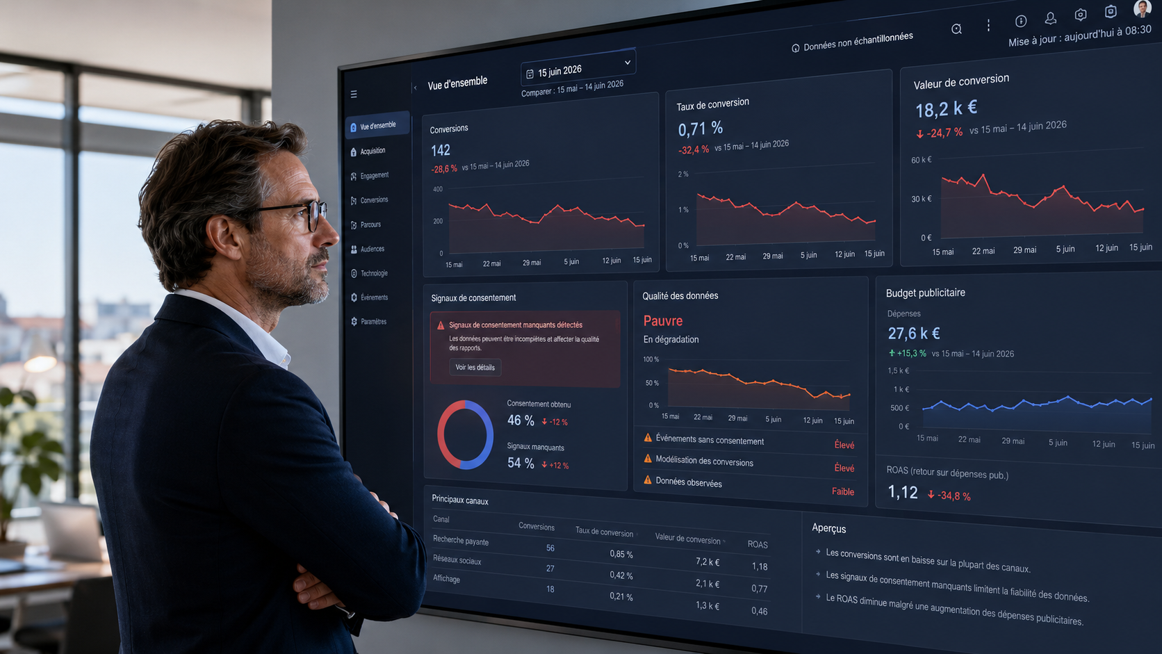 Dirigeant analysant l’impact du Consent Mode v2 sur GA4 et Google Ads avant le 15 juin 2026