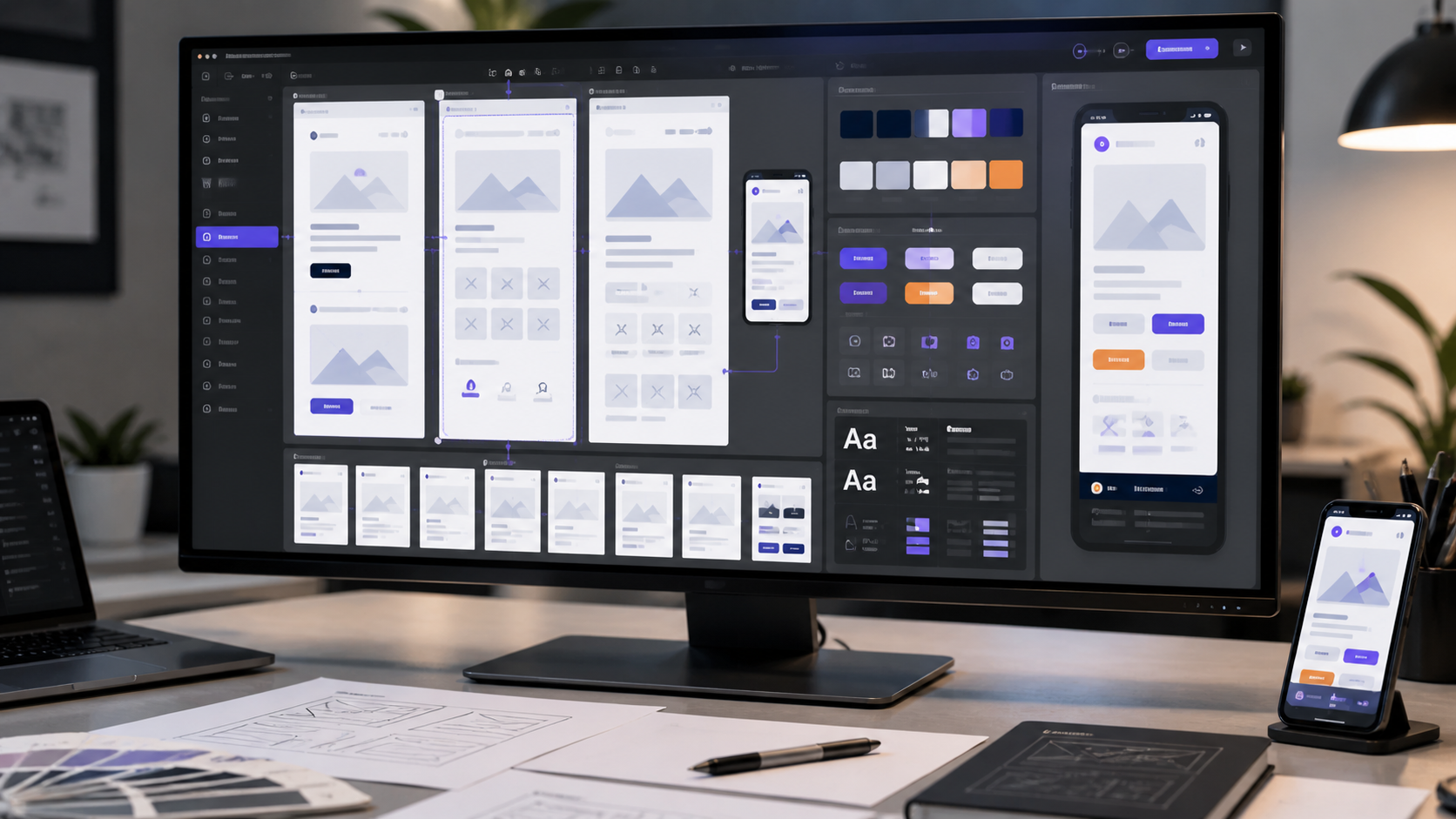 Écran de design UX UI montrant wireframes, design system et prototype pour une refonte de site internet