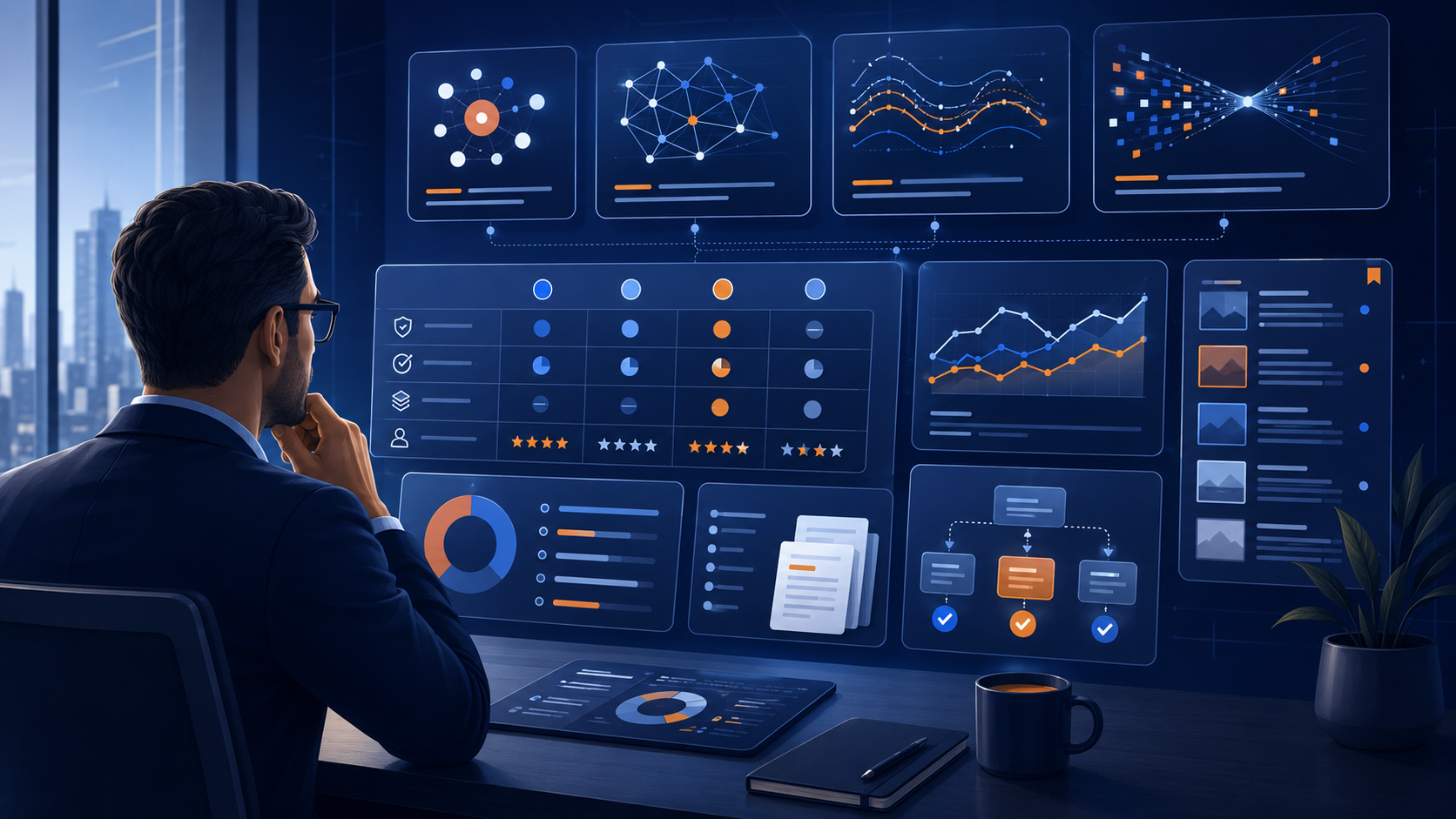 Acheteur B2B analysant des données IA pour comparer des fournisseurs avant un premier contact commercial