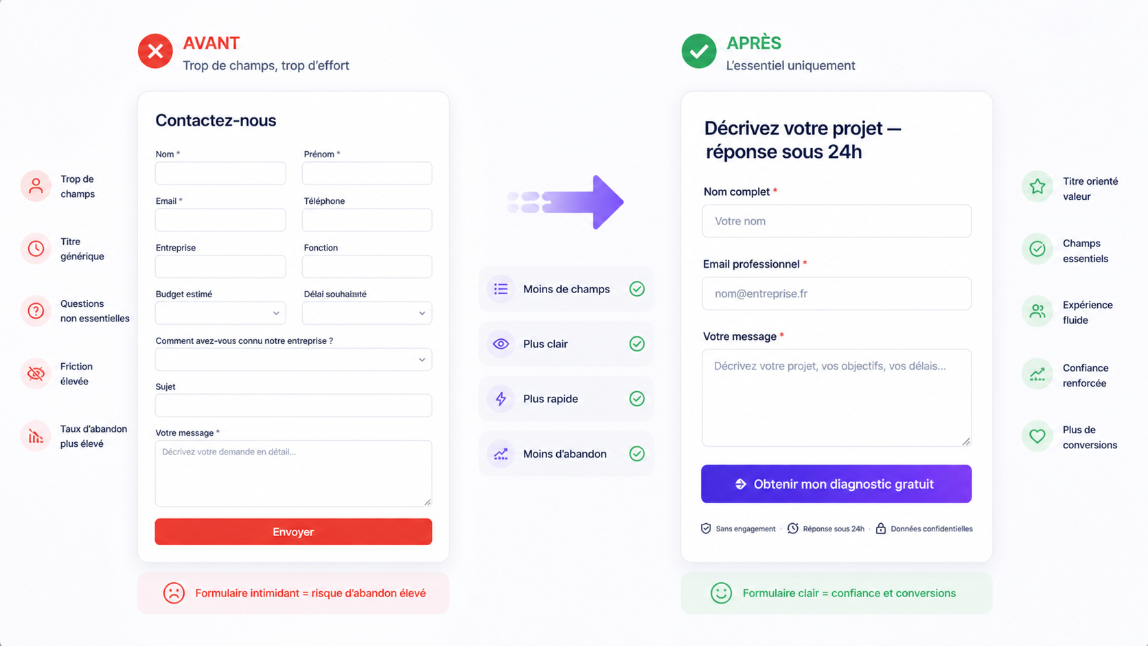 Comparaison entre un formulaire de contact complexe et un formulaire simplifié avec moins de champs