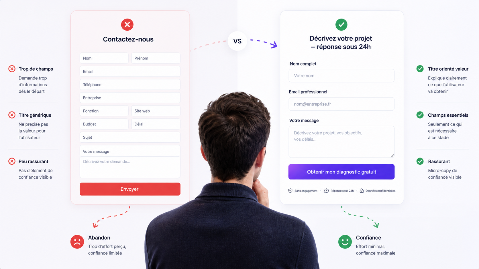 Utilisateur hésitant devant un formulaire de contact illustrant l’importance de la confiance dans la conversion