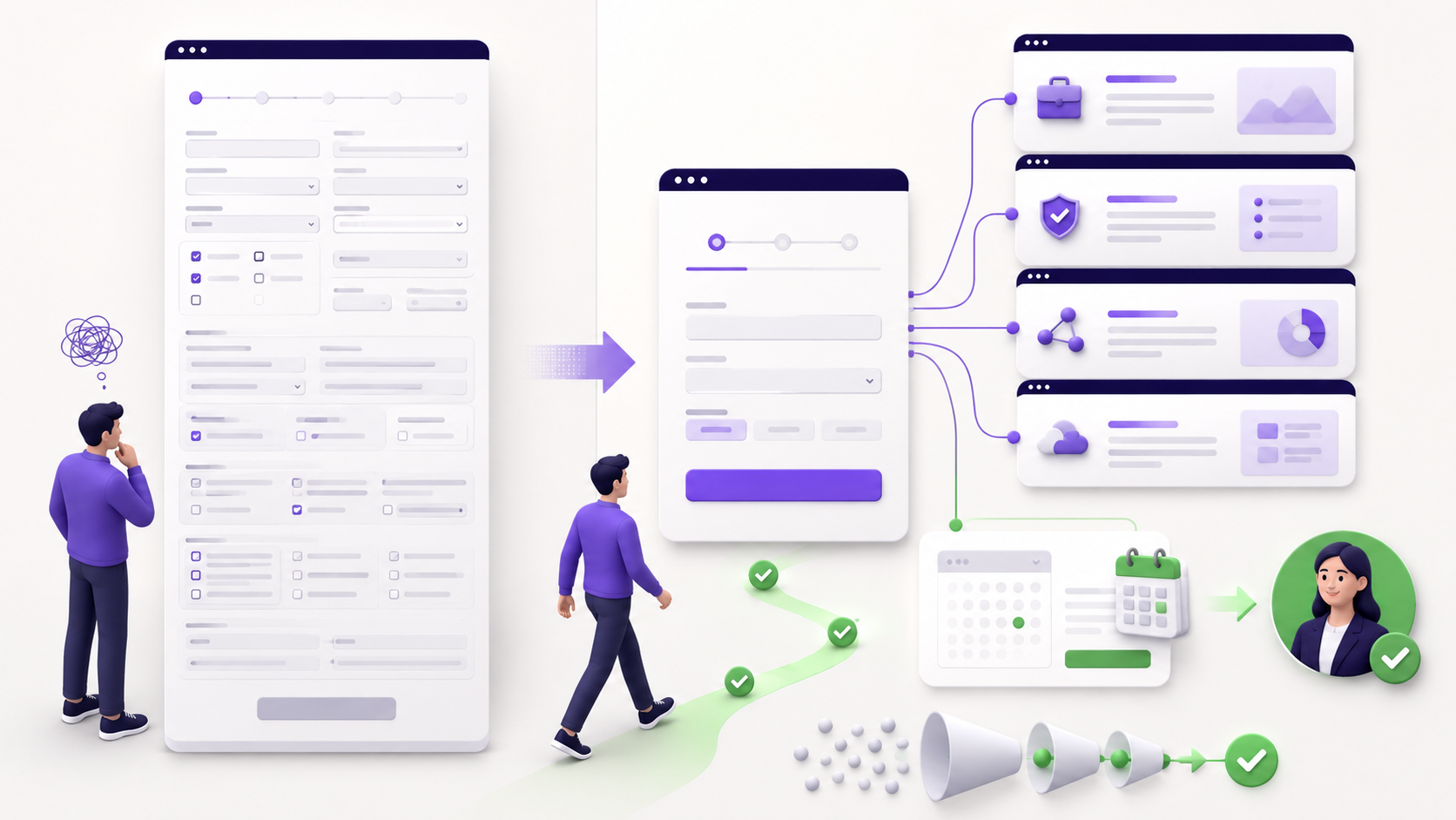 Illustration comparant un formulaire complexe et un formulaire simplifié adapté aux leads issus de l’IA