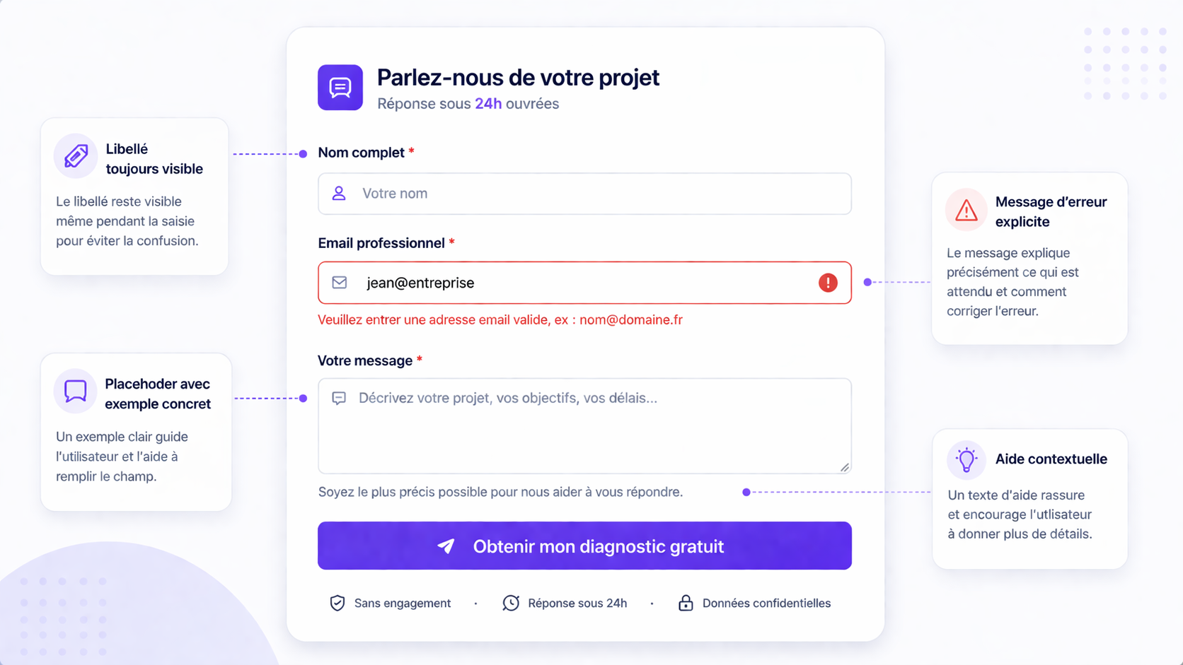 Exemple de message d’erreur clair dans un formulaire de contact avec libellé et placeholder explicites