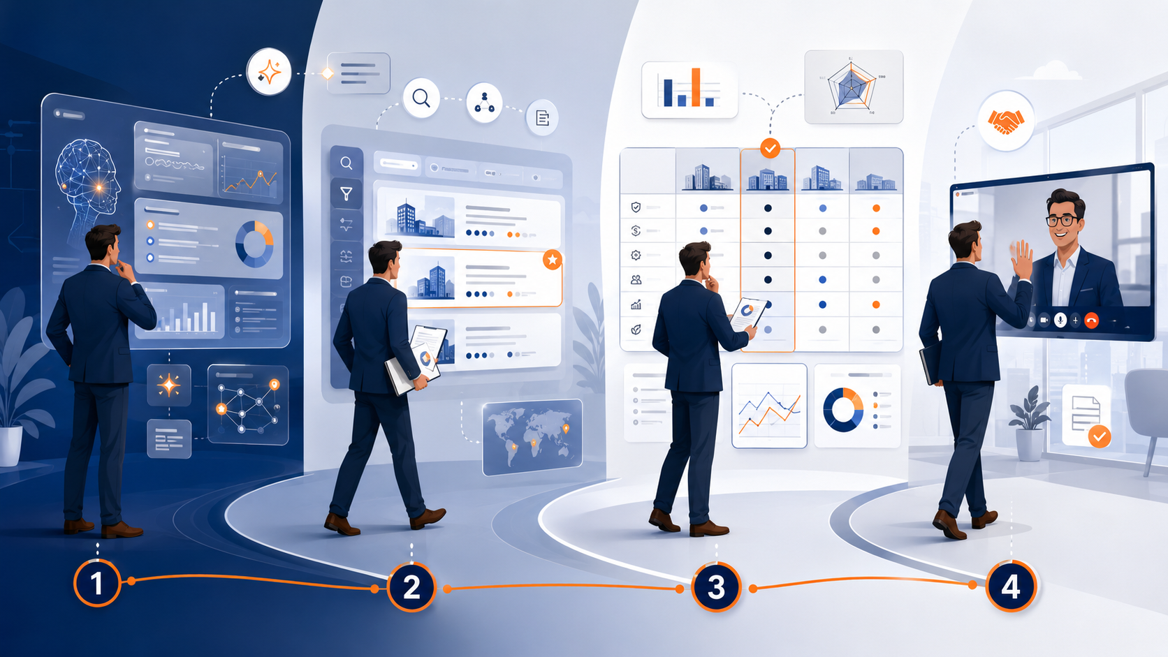 Parcours d’achat B2B 2026 en quatre étapes avec IA, shortlist, matrice de décision et contact commercial