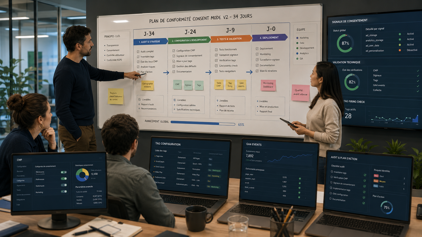 Plan technique en 34 jours pour configurer Consent Mode v2 avec CMP, GA4 et Tag Manager