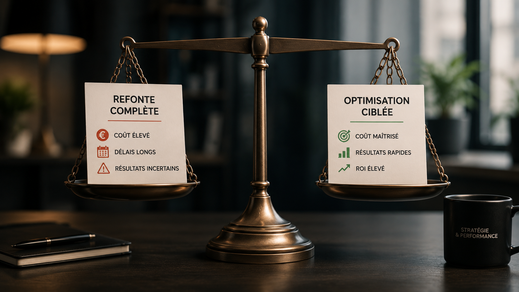 Balance opposant refonte complète coûteuse et optimisation ciblée plus rapide avec un meilleur ROI.