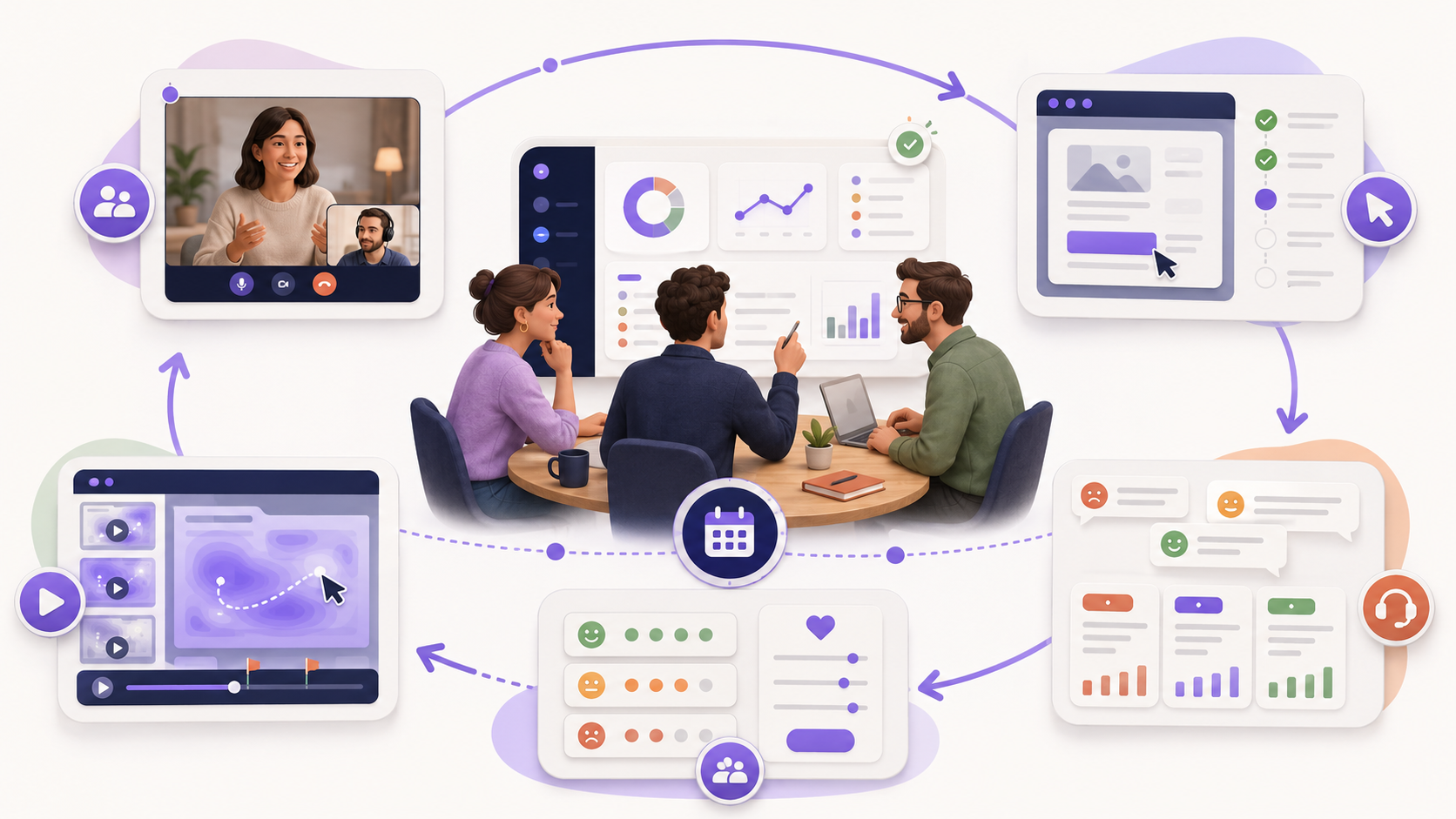 Petite équipe PME organisant entretiens, tests, tickets support, heatmaps et sondages UX réguliers