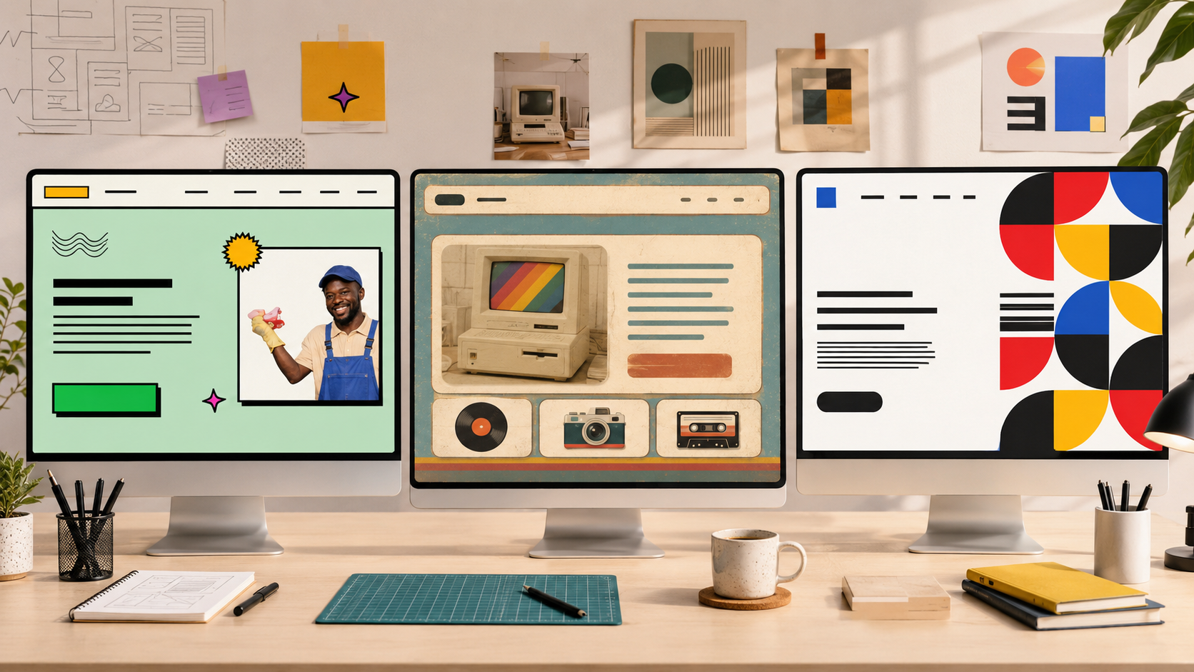 Illustration de styles UI audacieux pour une marque créative avec brutalism, retro et bauhaus