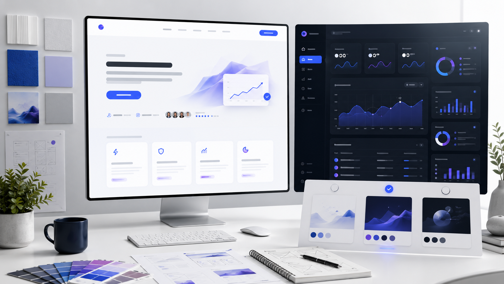 Illustration d’un style UI adapté à une startup SaaS avec landing page claire et dashboard moderne