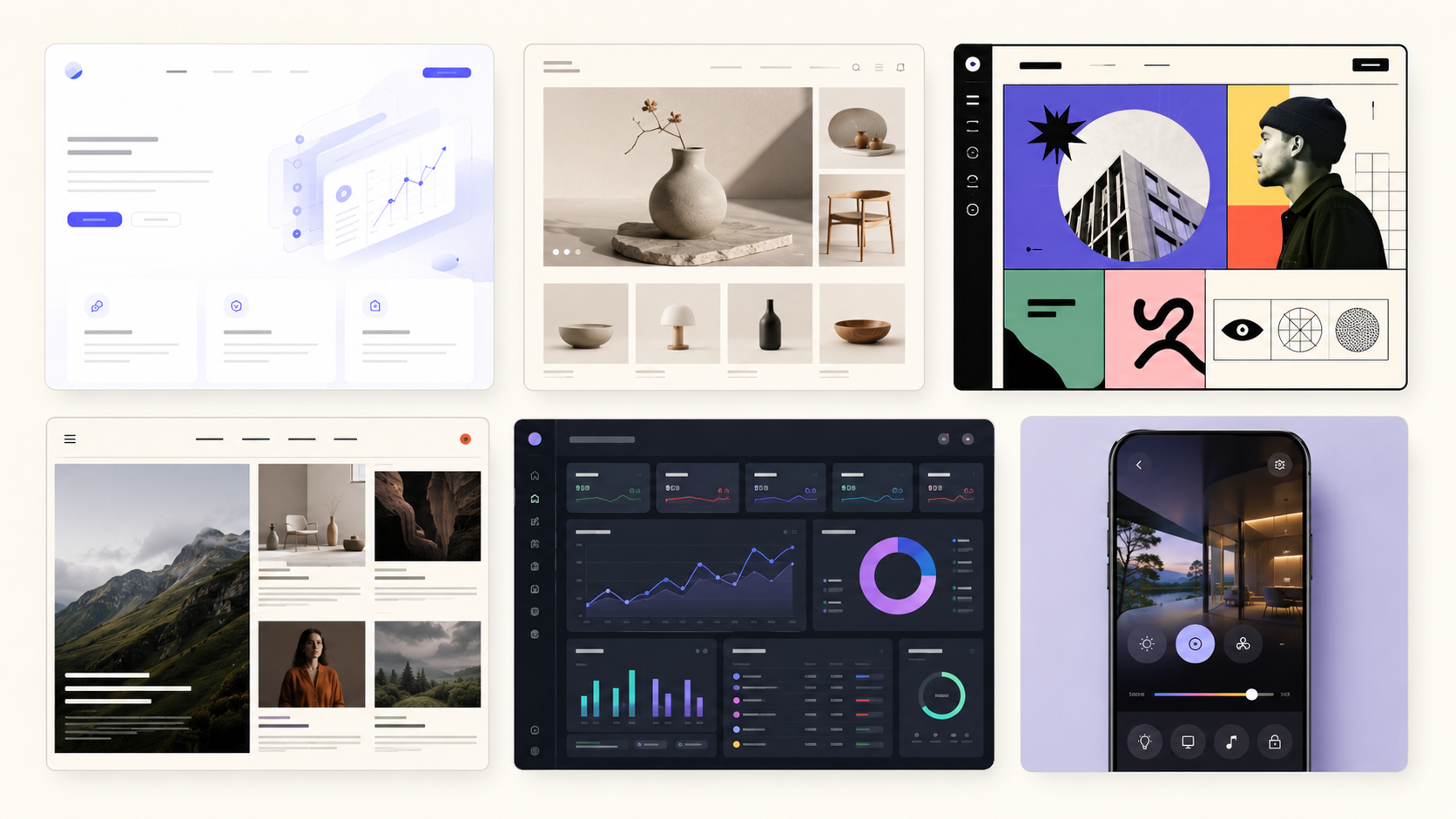 Illustration des styles UI adaptés aux sites SaaS, e-commerce, portfolio, média et dashboard