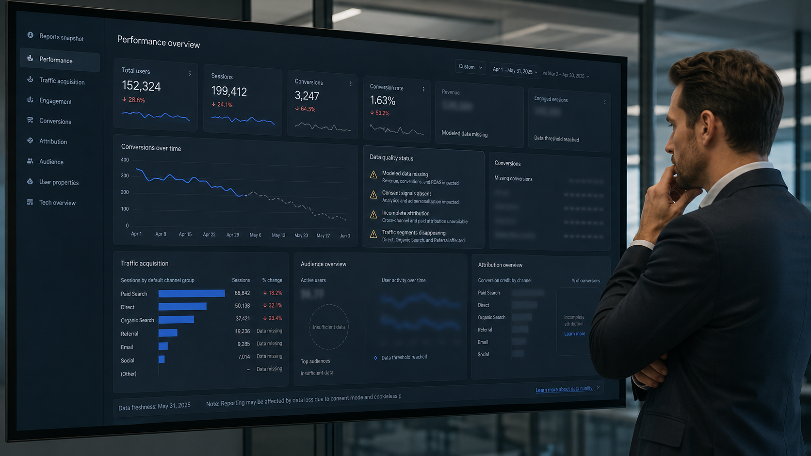 Tableau GA4 incomplet sans Consent Mode v2 avec conversions manquantes et perte de visibilité analytics
