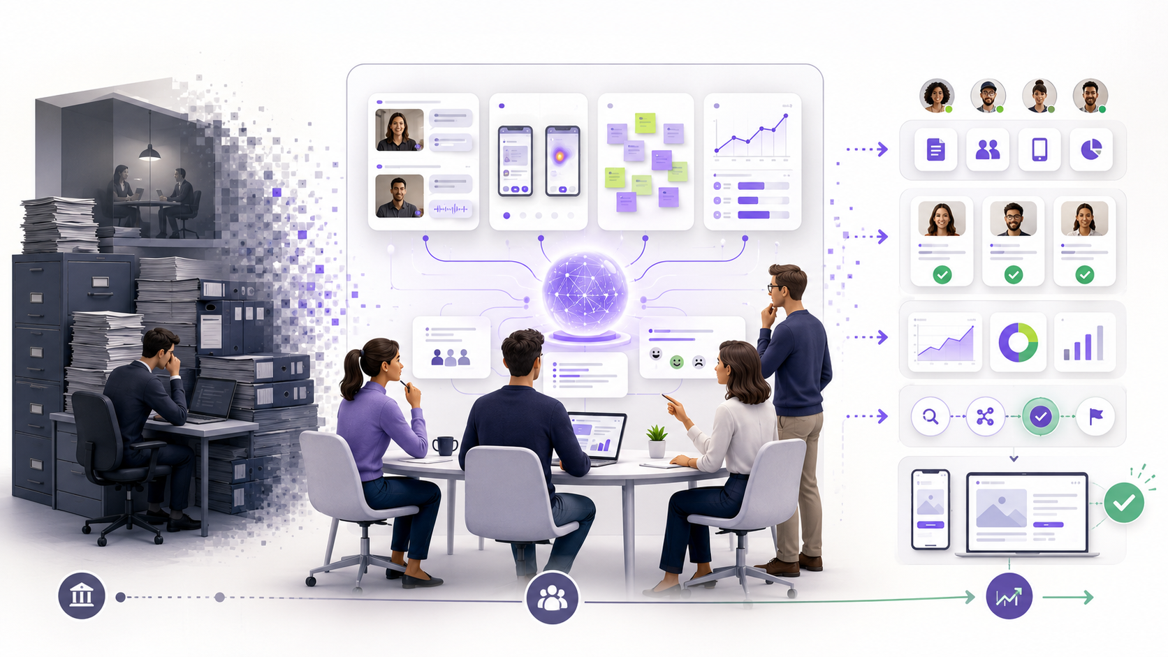 Équipe PME utilisant l’IA et des outils accessibles pour structurer une recherche utilisateur continue