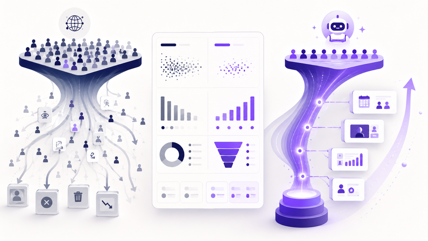 Illustration comparant le trafic IA qualifié au trafic classique dans un tunnel de conversion B2B