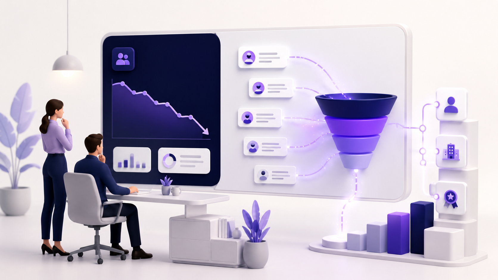 Tableau de bord illustrant une baisse du trafic SEO compensée par une hausse des prospects qualifiés.