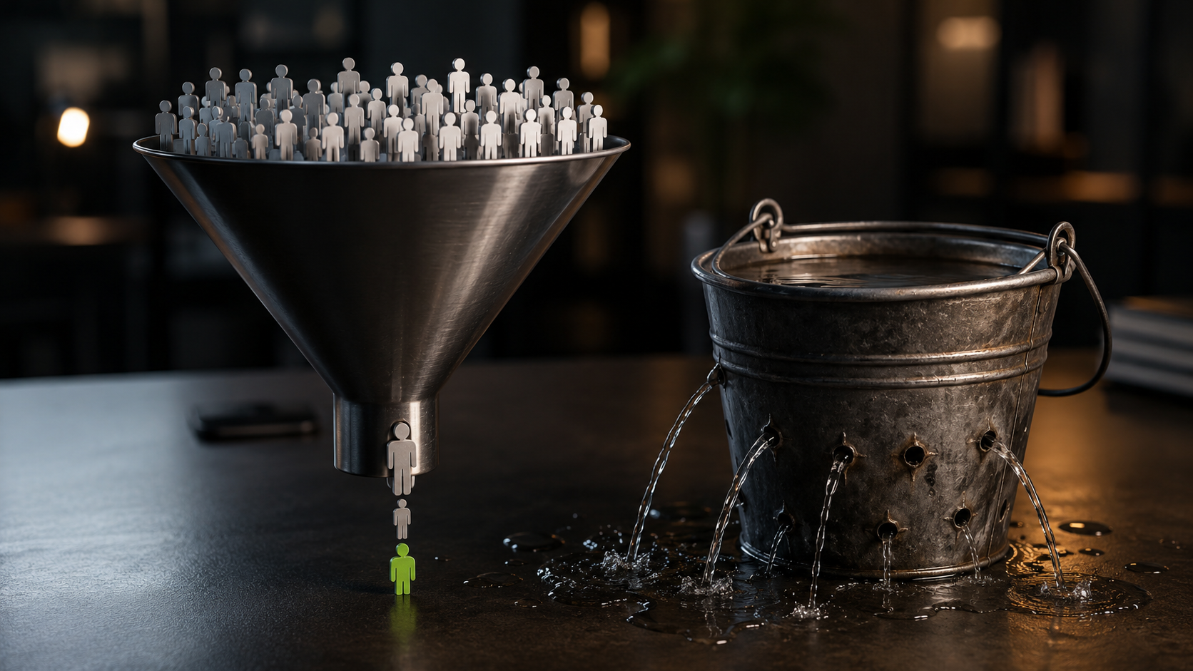 Entonnoir marketing avec beaucoup de visiteurs et un seau percé qui fuit l'eau, concept de perte de conversions sur un site web.