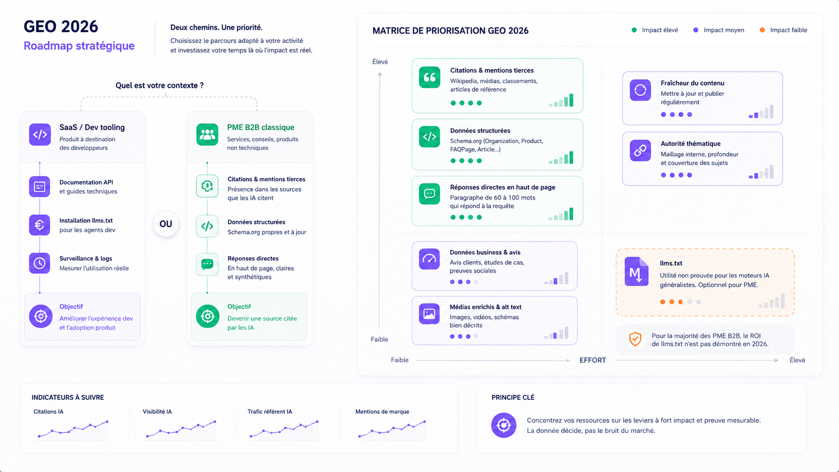 Roadmap GEO 2026 comparant llms.txt aux actions mesurables pour améliorer les citations IA.